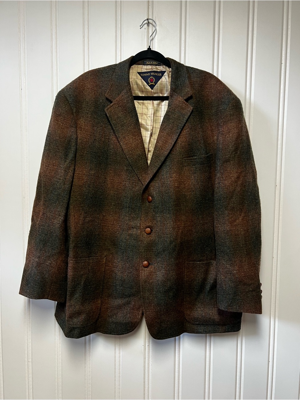 VTG Tommy Hilfiger Wool Plaid Blazer 46R ACTWU Union Made Sport Coat Fall Tweed